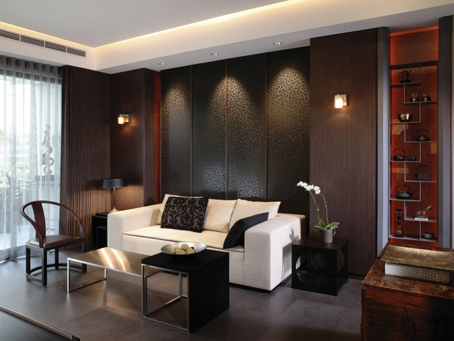 现代新中式客厅 深色系皮艺背景墙设计