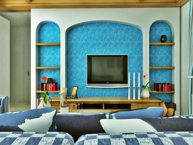 地中海风情客厅 海蓝色马赛克背景墙设计