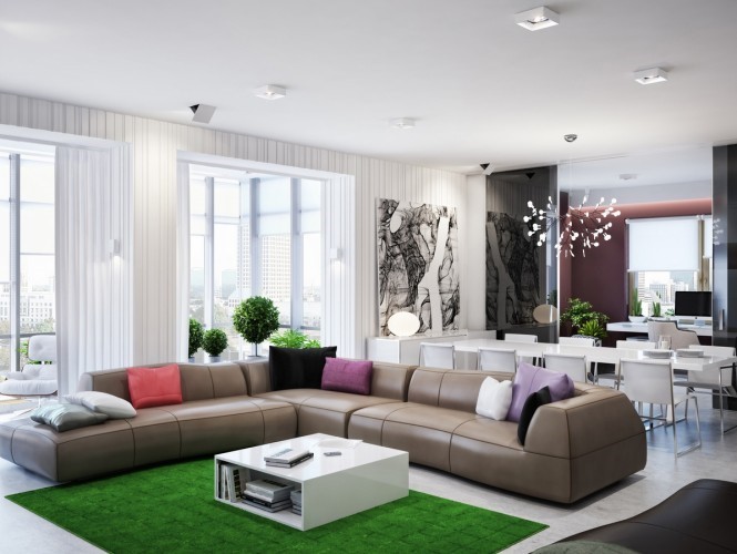 清新现代公寓客厅地毯装饰图