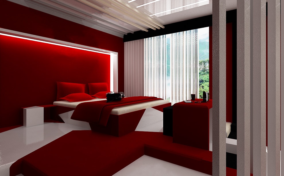 深红色现代婚房卧室欣赏