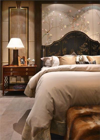 浪漫唯美中式卧室床头软包效果图