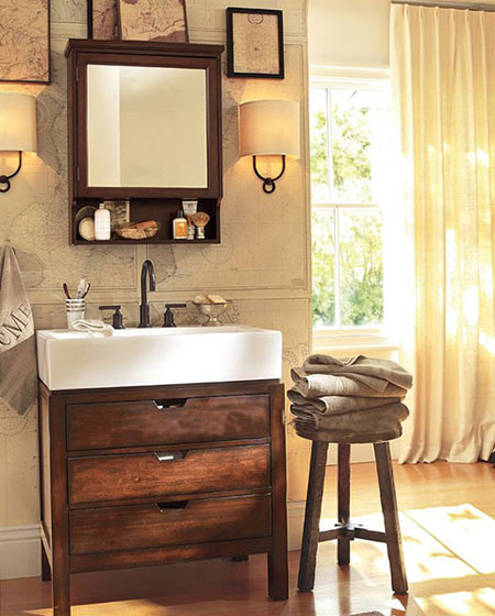 森系复古美式卫浴间 咖色系实木洗手台设计