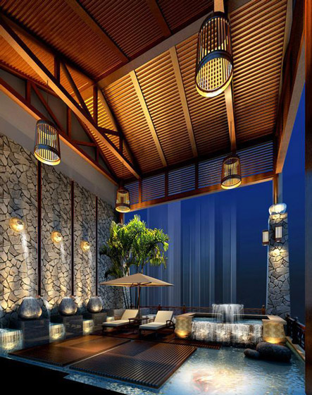 东南亚风情客厅 复古生态木吊顶效果图