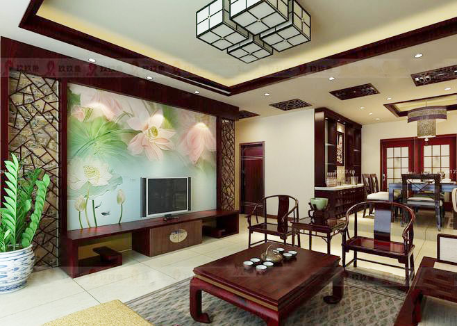 浪漫中式客厅 荷塘月色电视背景墙设计