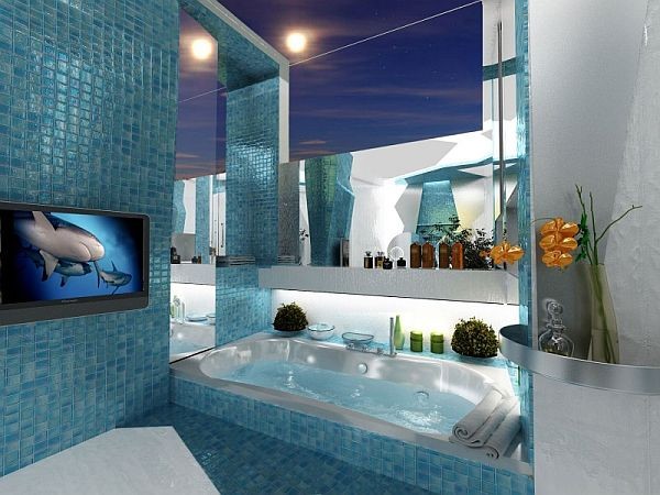 蓝色地中海风格 卫生间浴池美图欣赏