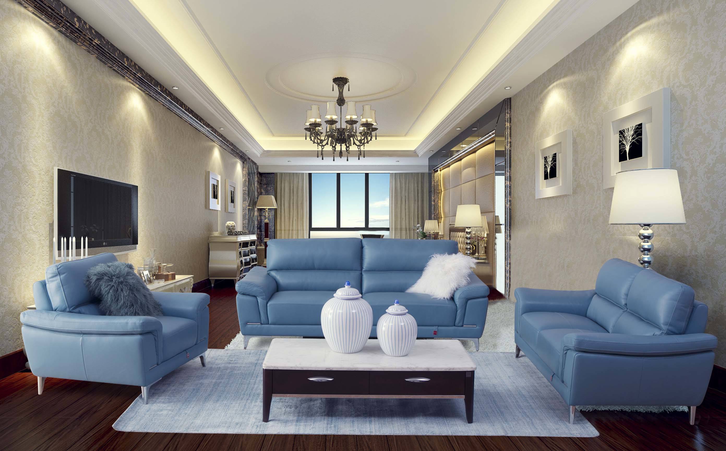 现代家居客厅蓝色沙发效果图