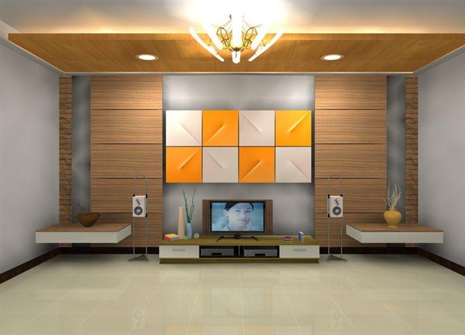 新中式客厅白黄配魔块背景墙效果图
