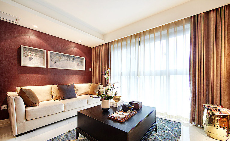 新中式客厅 暖咖色沙发背景墙图片