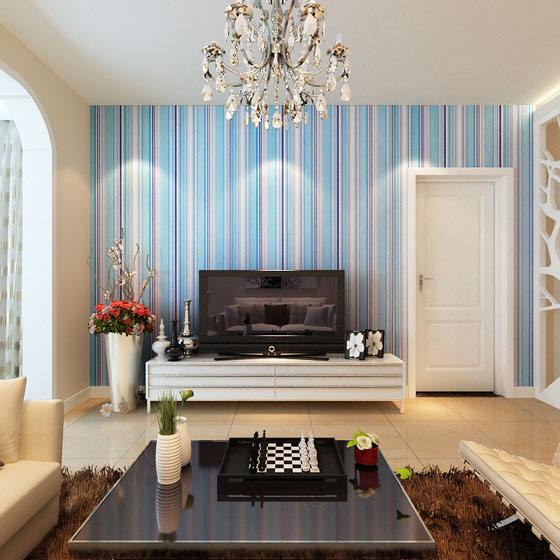 清爽美式客厅 蓝白竖条纹背景墙设计