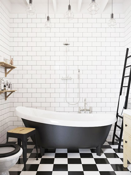 黑白配复古北欧风卫生间浴缸设计