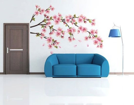 浪漫中式客厅 桃花枝沙发手绘墙设计