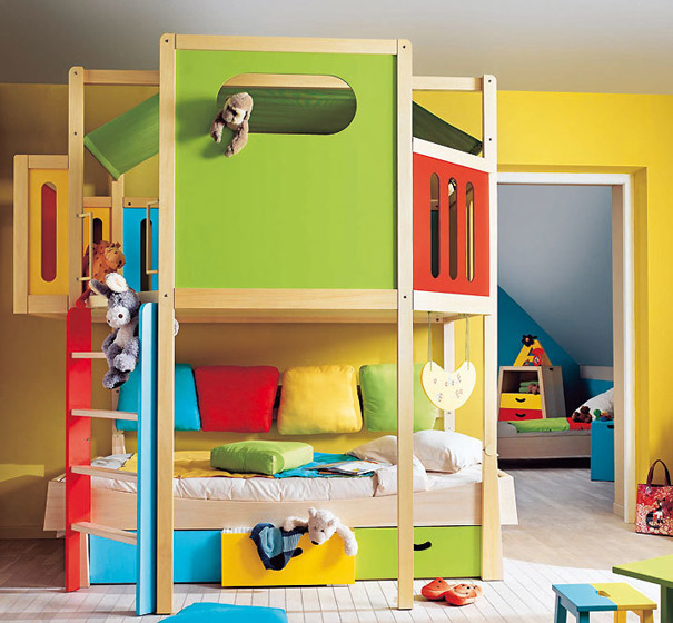 时尚撞色混搭风 创意双人床儿童房设计