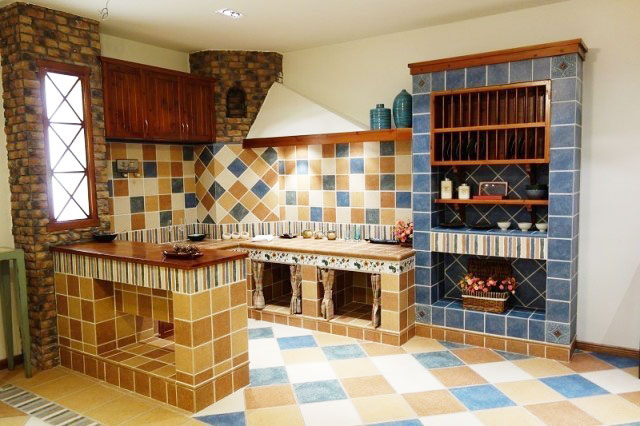 乡村美式地中海厨房 砖砌橱柜效果图