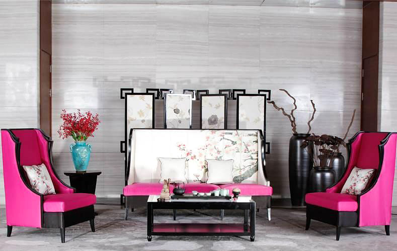 复古新中式客厅 桃红色高靠背沙发设计