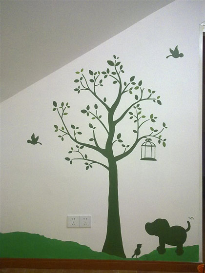 清新北欧风 小绿树手绘墙效果图