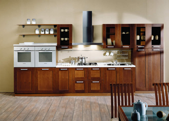森系美式开放式厨房 一字型实木橱柜设计