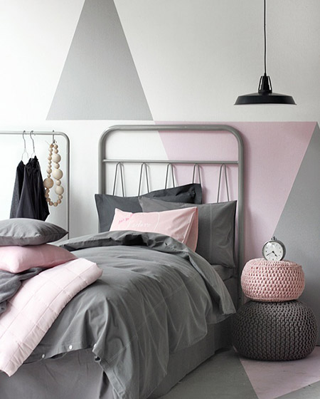 北欧风格卧室 灰粉配几何背景墙设计
