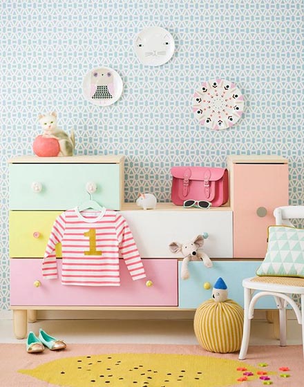 甜美马卡龙色彩 儿童房储物柜布置图