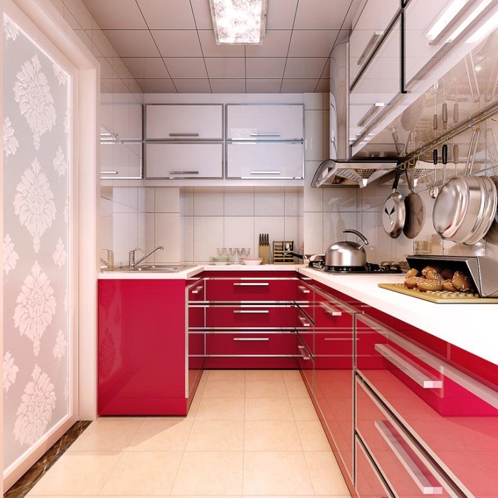 时尚现代北欧风厨房 桃粉色橱柜效果图