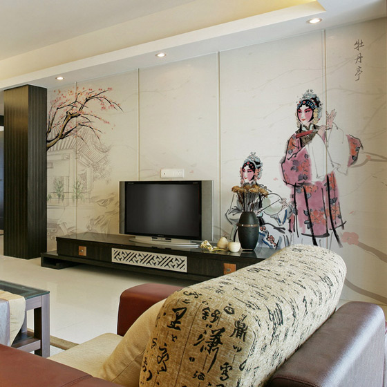 典雅中式客厅 京剧人物手绘背景墙设计