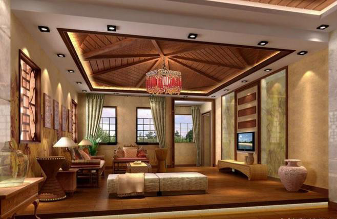奢华东南亚风情客厅生态木吊顶设计