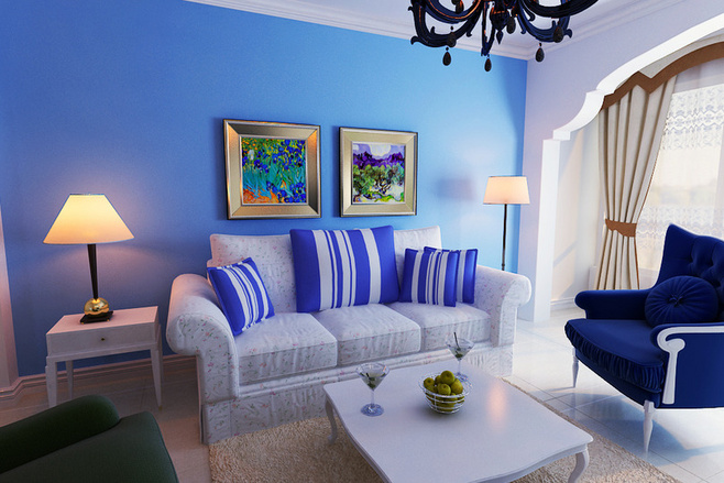 蓝白配地中海风情客厅 沙发背景墙装饰画设计