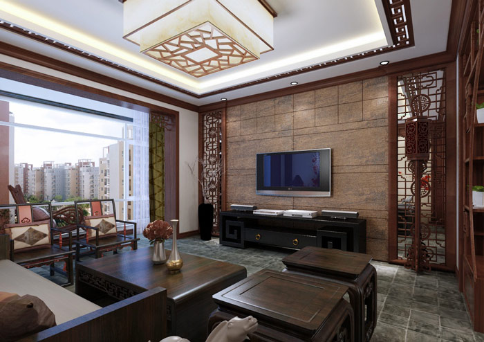 高端中式客厅 咖色系电视背景墙设计