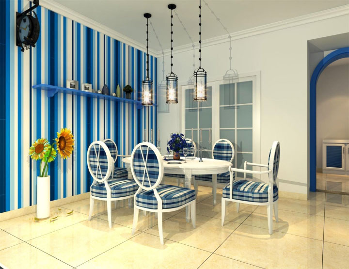 清爽地中海风情餐厅 蓝白条纹背景墙设计