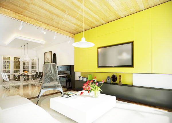 简洁宜家风客厅 柠檬黄背景墙设计