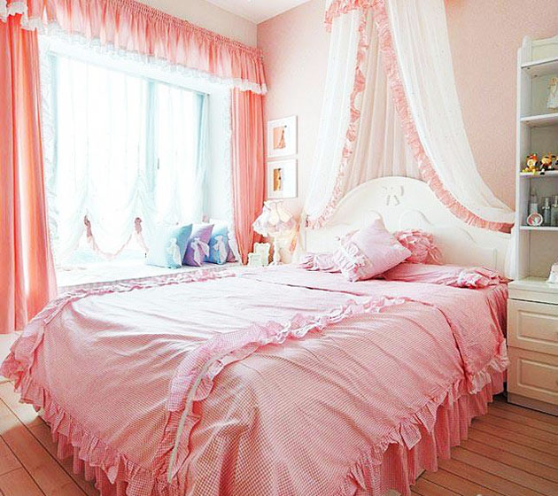 甜美浅粉色 韩式田园风卧室图片