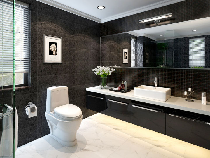 现代美式卫生间 黑色狭长型浴室柜效果图