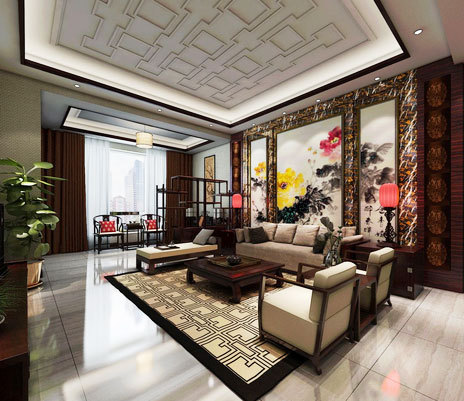 古香古色中式客厅 花卉隔断设计