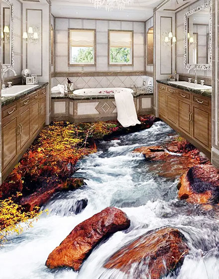 创意美式卫浴间 超真格河流3D地板纸