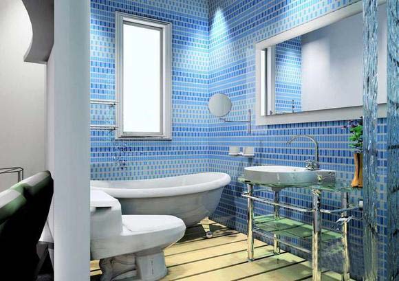 清爽地中海风情卫生间 蓝色马赛克背景墙设计