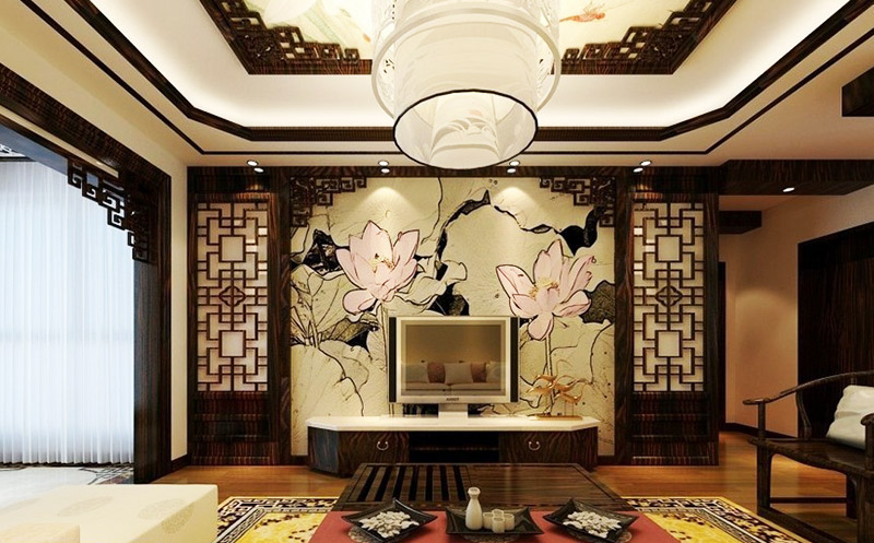 儒雅中式客厅 手绘电视背景墙设计