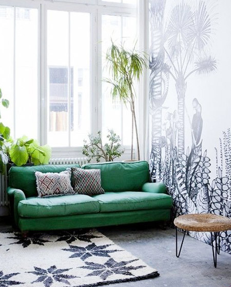 北欧风格客厅 铬绿色布艺沙发设计