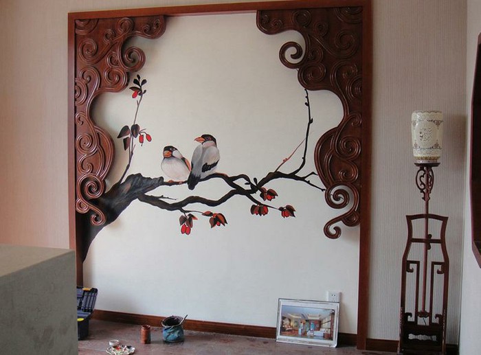 浪漫典雅中式花鸟手绘墙效果图