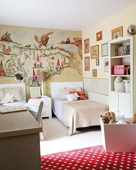 北欧风卧室 童话式手绘墙效果图