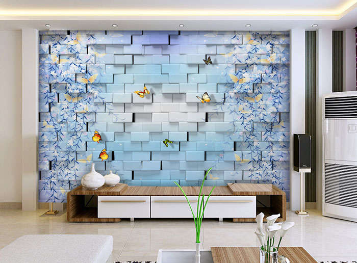精美混搭风客厅 3D蓝色花朵背景墙效果图