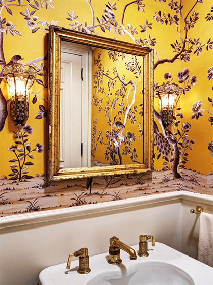 奢华古典中式卫生间 金色壁纸图片