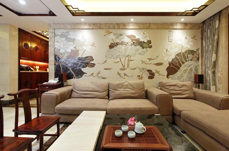 浪漫典雅中式客厅 手绘背景墙效果图