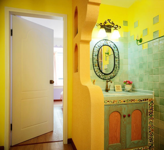 柠檬黄地中海风情小型浴室柜设计图