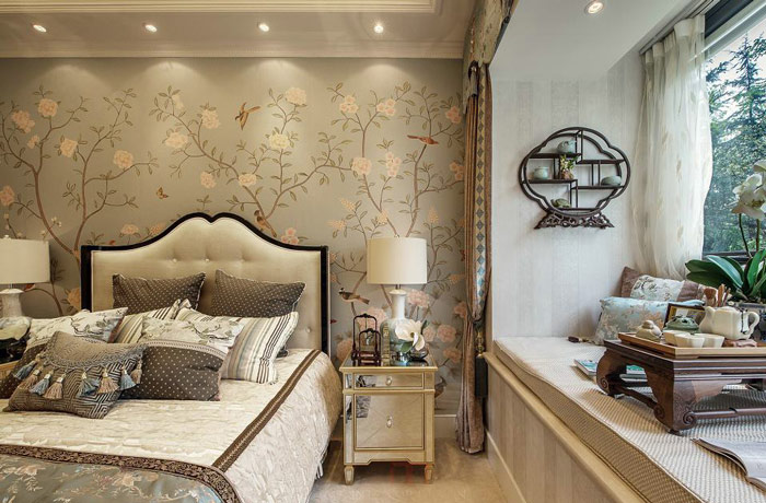 浪漫优雅中式卧室 鸟语花香背景墙效果图