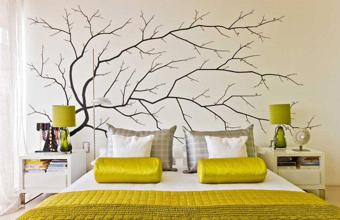 明亮简欧风卧室 树枝手绘背景墙图片