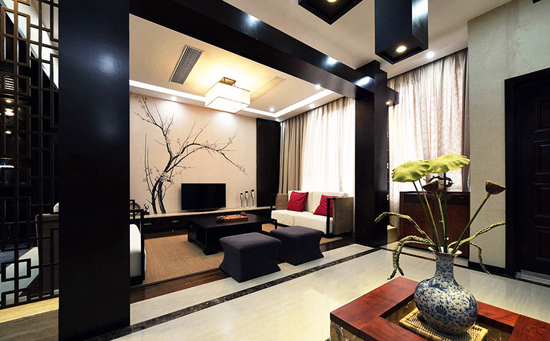 时尚现代新中式客厅 米色窗帘效果图