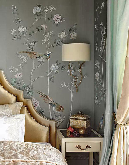 中式田园风卧室 雅致花卉壁纸设计
