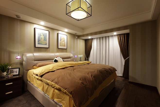 中性色美式卧室 皮质软包床头设计