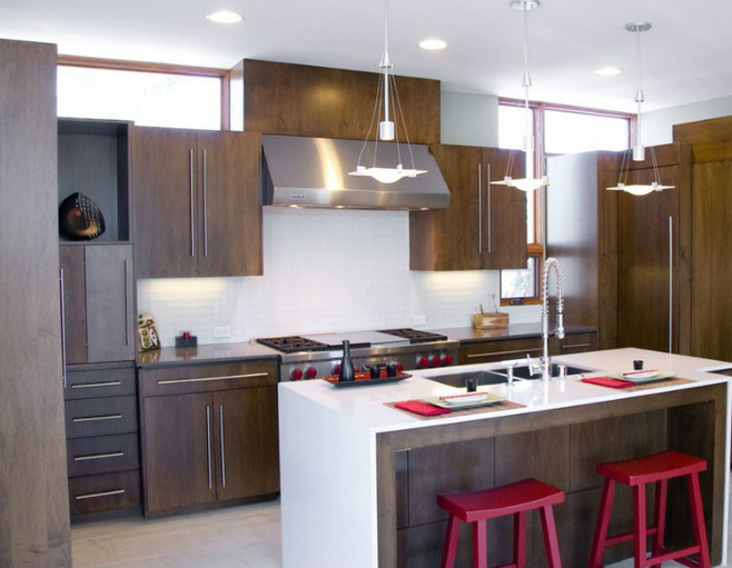 森系美式开放式厨房 一字型橱柜设计