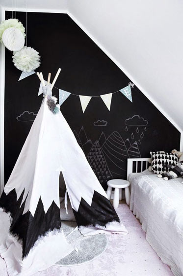 时尚黑白配北欧风儿童房 涂鸦黑板墙效果图
