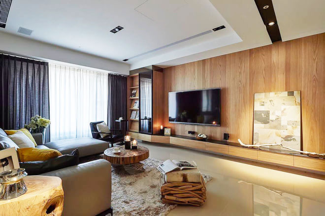 天然清新简洁客厅 木质电视背景墙设计